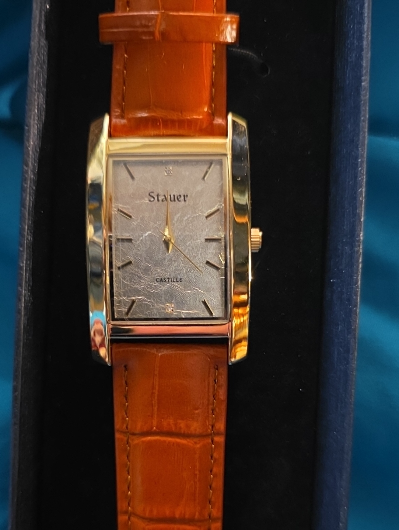 Stauer Castille Men's Gold-Tone Rectangular Watch With Brown Leather Strap